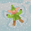 Pig in sweater making snow angel. 2019 Chinese New Year of the Pig. Christmas greeting card Royalty Free Stock Photo